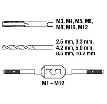 Gängtapp M3, M4, M5, M6, M8, M10, M12 med borrar 2,5 mm, 3,3 mm, 4,2 mm, 5,0 mm, 8,5 mm, 10,2 mm och gängkloppa M1 till M12