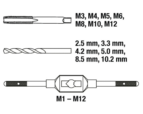 Gängtapp M3, M4, M5, M6, M8, M10, M12 med borrar 2,5 mm, 3,3 mm, 4,2 mm, 5,0 mm, 8,5 mm, 10,2 mm och gängkloppa M1 till M12