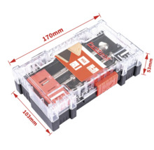 Pattfield borrset i transparent plastlåda med storleksangivelser