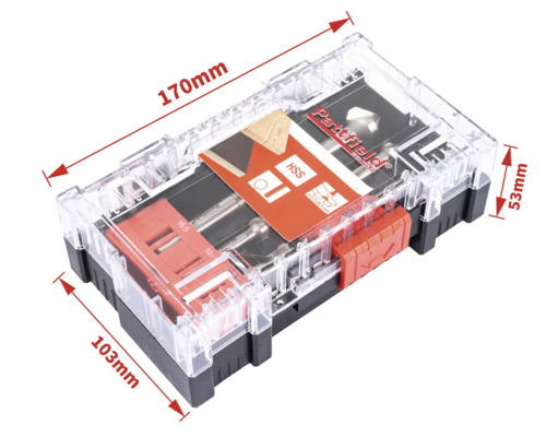 Pattfield borrset i transparent plastlåda med storleksangivelser