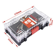 Patfield verktygssats i transparent plastlåda med måtten 170 gånger 103 gånger 53 millimeter.