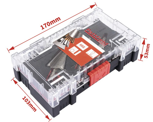 Patfield verktygssats i transparent plastlåda med måtten 170 gånger 103 gånger 53 millimeter.