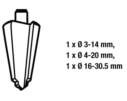 Stegborr storlekar 3 till 14 millimeter, 4 till 20 millimeter och 16 till 30,5 millimeter