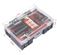 Pattfield verktygssats i transparent låda med storleksangivelser