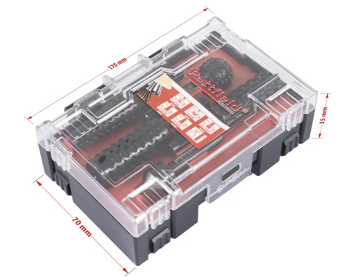 Pattfield verktygssats i transparent låda med storleksangivelser