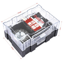 Pattfield stålborstsats med olika borstfästen i transparent förpackning med måttangivelser