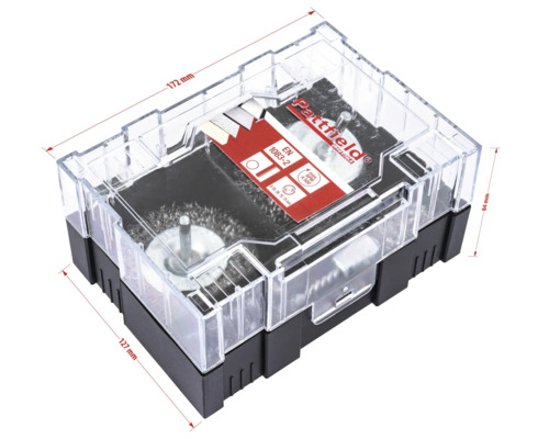 Pattfield stålborstsats med olika borstfästen i transparent förpackning med måttangivelser