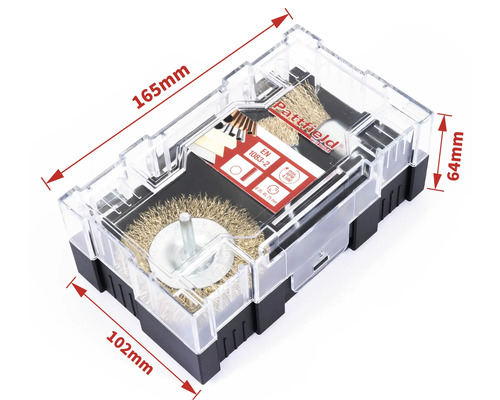 Pattfield stålborstsats i transparent plastlåda med måttangivelser.