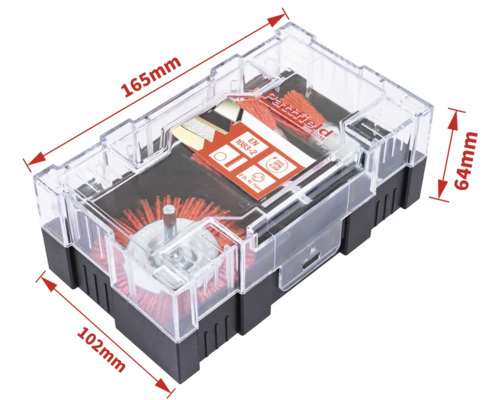 Pattfield Ergo Tools set med stålborstar i transparent plastlåda, mått 165 x 102 x 64 millimeter