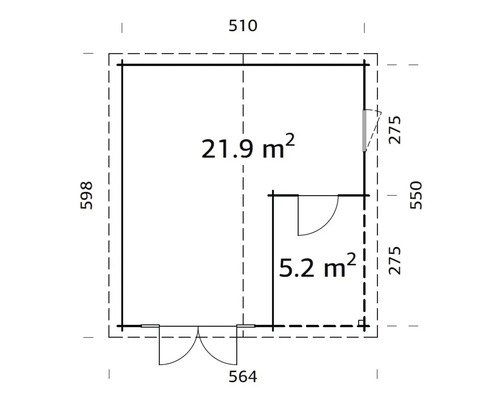 Planritning av ett trädgårdshus med areauppgifter