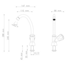 Teknisk ritning av en köksblandare med mått
