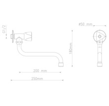 Teknisk ritning av en väggmonterad utloppsarmatur med måttangivelser