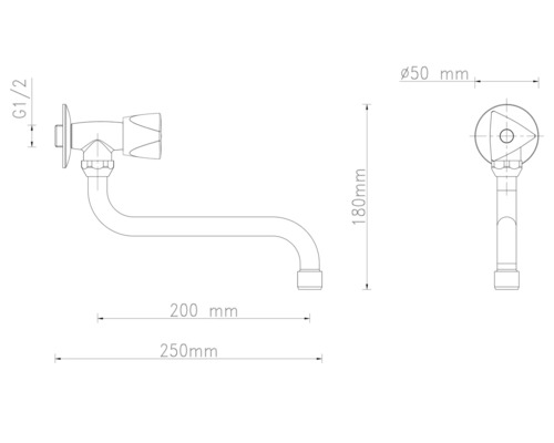 Teknisk ritning av en väggmonterad utloppsarmatur med måttangivelser