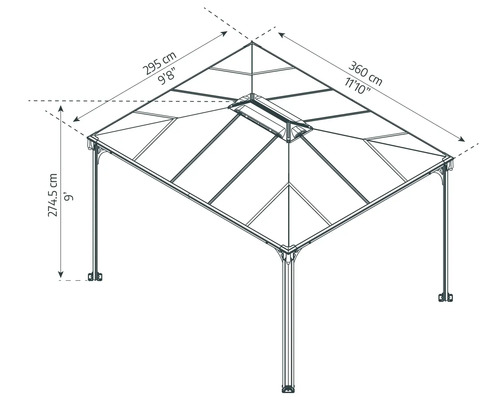 Teknisk ritning av ett lusthus med måttangivelser