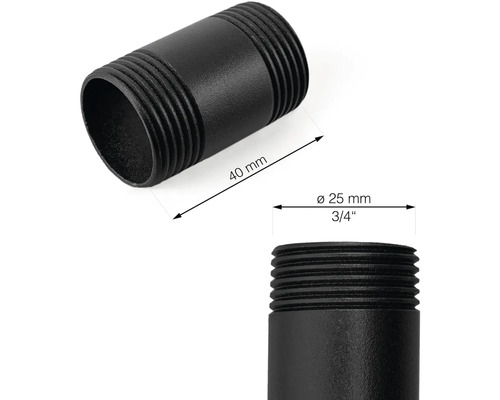 Svart gängad rörnippel, 40 mm lång och 25 mm diameter