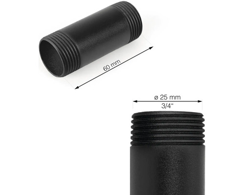 Svart rörnippel med en diameter på 25 mm och en längd på 60 mm