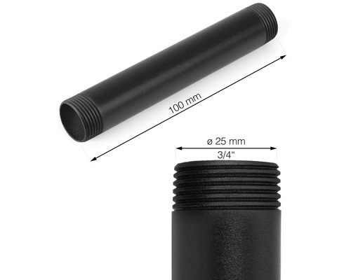 Svart gängrör med en längd på 100 mm och en diameter på 25 mm (3/4 tum)