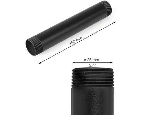 Svart rör med en diameter på 25 mm och en längd på 150 mm