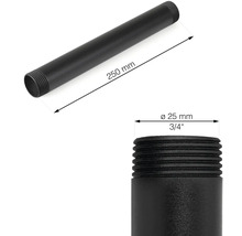 Svart rör med gängade ändar, 250 mm långt och 25 mm i diameter