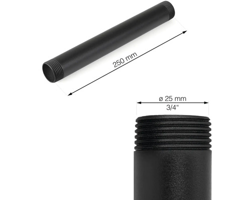 Svart rör med gängade ändar, 250 mm långt och 25 mm i diameter