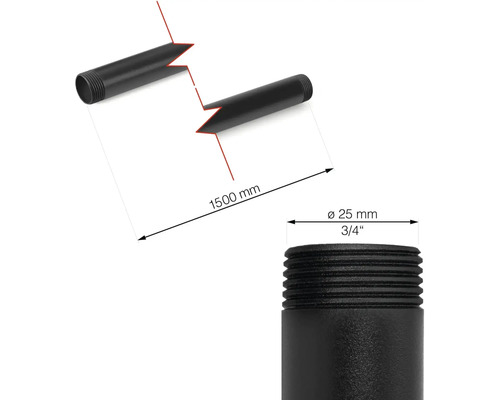 Bild av ett svart stålrör med en längd på 1500 mm och en diameter på 25 mm.