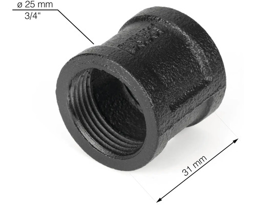 Reduceringsmuff av svart smidesjärn med en diameter på 25 mm