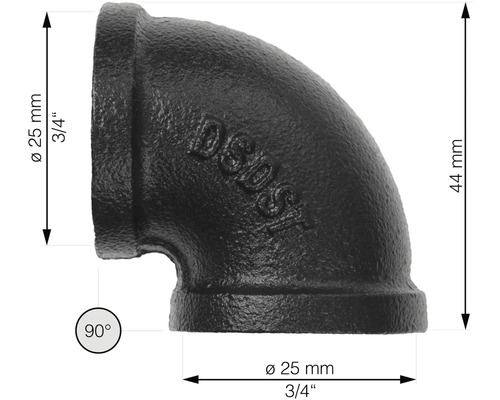 90-graders rörböj i gjutstål, 25 mm diameter