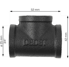 Bild på ett T-stycke av gjutjärn med måtten 52 mm bred och 42 mm hög.