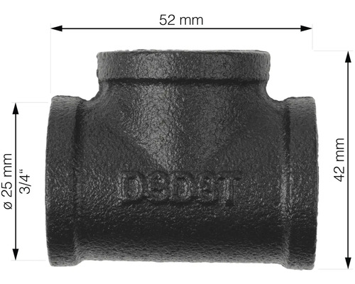 Bild på ett T-stycke av gjutjärn med måtten 52 mm bred och 42 mm hög.