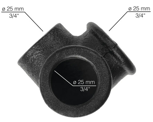 Svart T-koppling av gjutjärn med en diameter på 25 mm