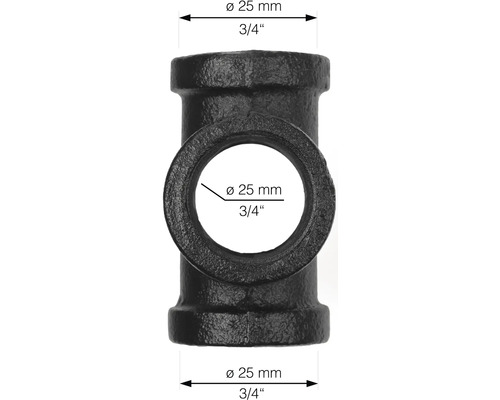 Svart T-rör av gjutjärn, diameter 25 millimeter, gänga 3/4 tum