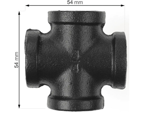 Svart smidesjärnsfittingskors med en storlek på 54 mm.