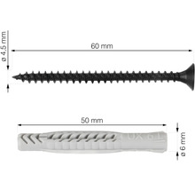 Bild på en 60 millimeters skruv med en diameter på 4,5 millimeter och en 50 millimeters plugg med en diameter på 6 millimeter.