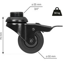Svängbart hjul med gänga, 50 millimeter hjuldiameter och 50 kilogram lastkapacitet
