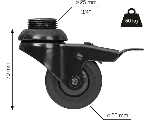 Svängbart hjul med gänga, 50 millimeter hjuldiameter och 50 kilogram lastkapacitet