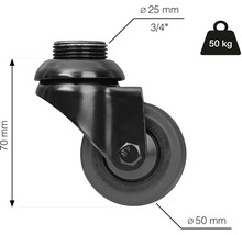 Svängbart hjul med gänga, 50 kilograms lastkapacitet, diameter 50 millimeter