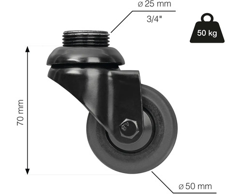 Svängbart hjul med gänga, 50 kilograms lastkapacitet, diameter 50 millimeter