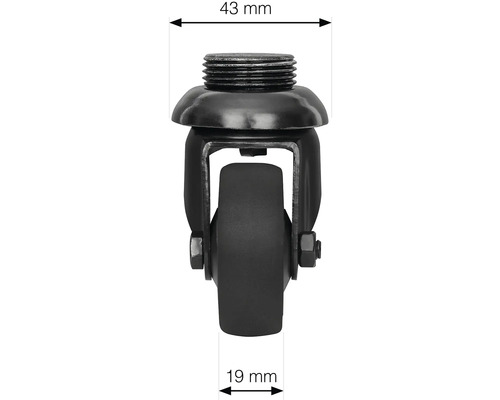 Möbelhjul med gänga och måtten 43 mm och 19 mm