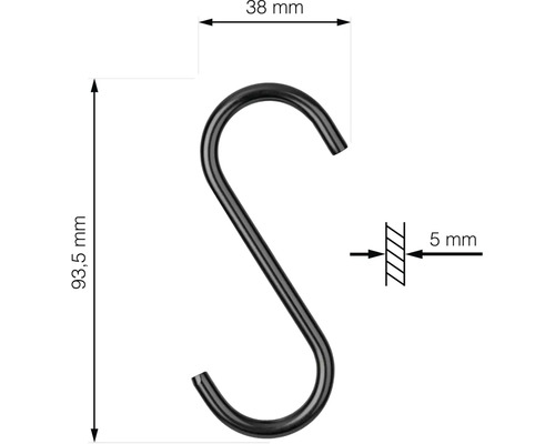 Teknisk ritning av en S-krok med måtten 93,5 mm längd, 38 mm bredd och 5 mm materialtjocklek