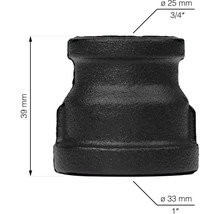 Svart rörreducering med måtten 25 millimeter till 33 millimeter och en höjd av 39 millimeter.