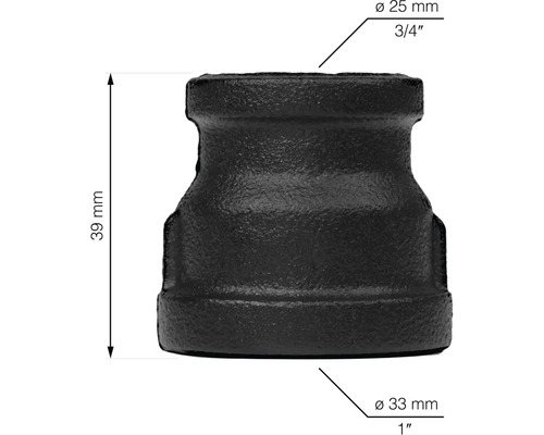 Svart rörreducering med måtten 25 millimeter till 33 millimeter och en höjd av 39 millimeter.