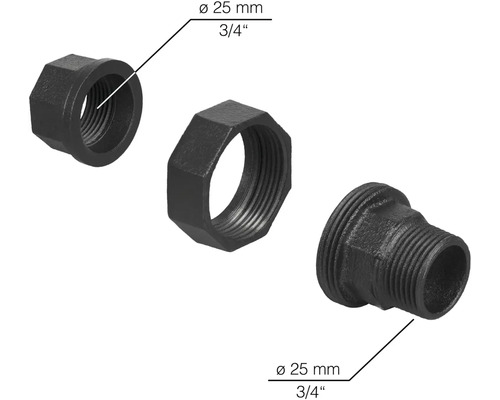Skruvbeslag av segjärn med en diameter på 25 mm och en tumgänga på 3/4