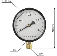 Manometer med en diameter på 100 mm och en höjd på 120 mm, utrustad med en 3/4-tums och en 1/2-tums anslutning