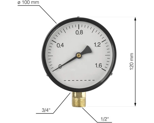 Manometer med en diameter på 100 mm och en höjd på 120 mm, utrustad med en 3/4-tums och en 1/2-tums anslutning