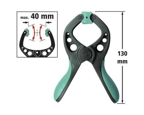 Fjäderklämma med en längd på 130 mm och en maximal spännvidd på 40 mm.
