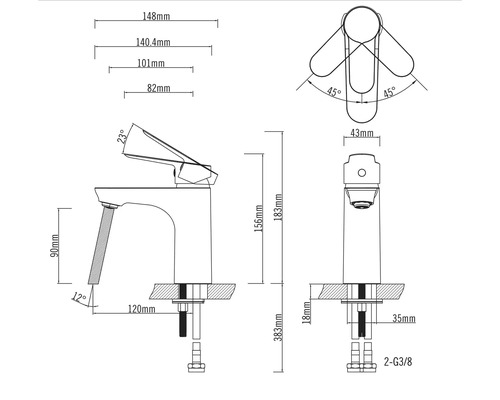 Teknisk ritning av en vattenkran med måttangivelser