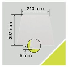 Teknisk ritning av en platta som mäter 210 millimeter gånger 297 millimeter och en tjocklek på 6 millimeter.