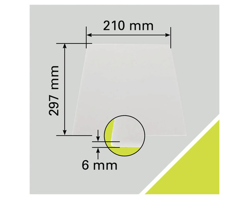 Teknisk ritning av en platta som mäter 210 millimeter gånger 297 millimeter och en tjocklek på 6 millimeter.