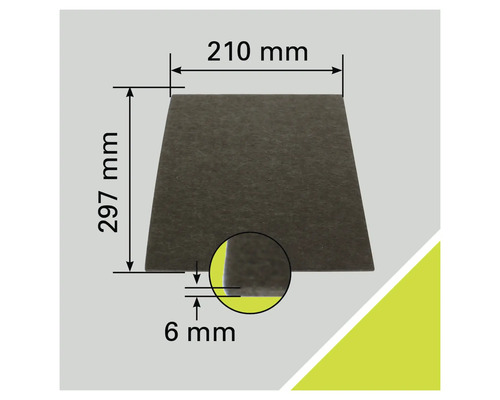 Isoleringsskiva med måtten 210 millimeter gånger 297 millimeter och en tjocklek på 6 millimeter.