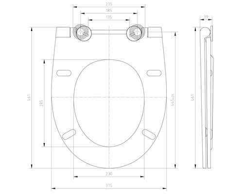 Teknisk ritning av en toalettsits med mått